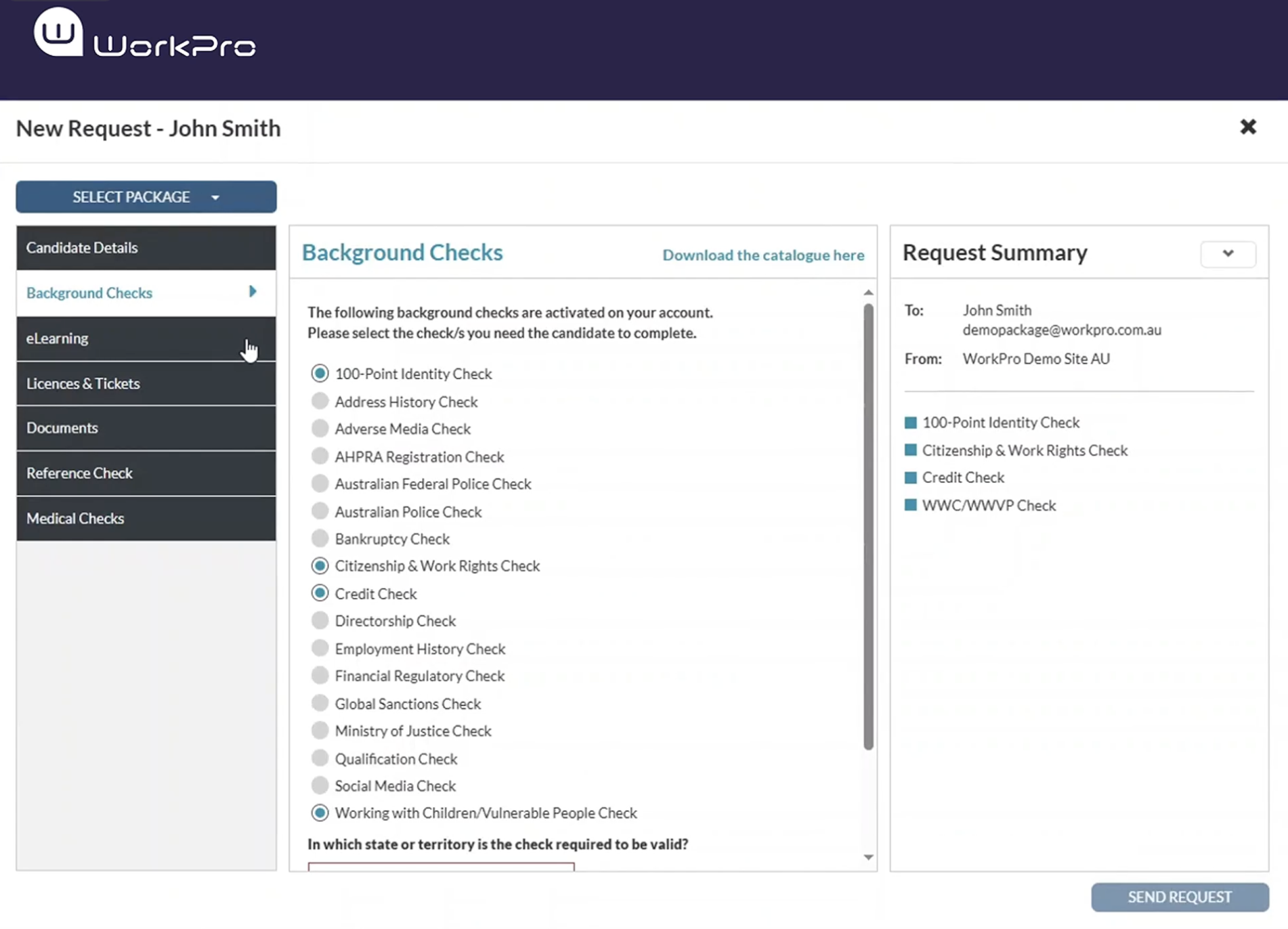 WorkPro's background checking interface, saying "The following background checks are activated on your account. Please select the check/s you need the candidate to complete", followed by a list of checks