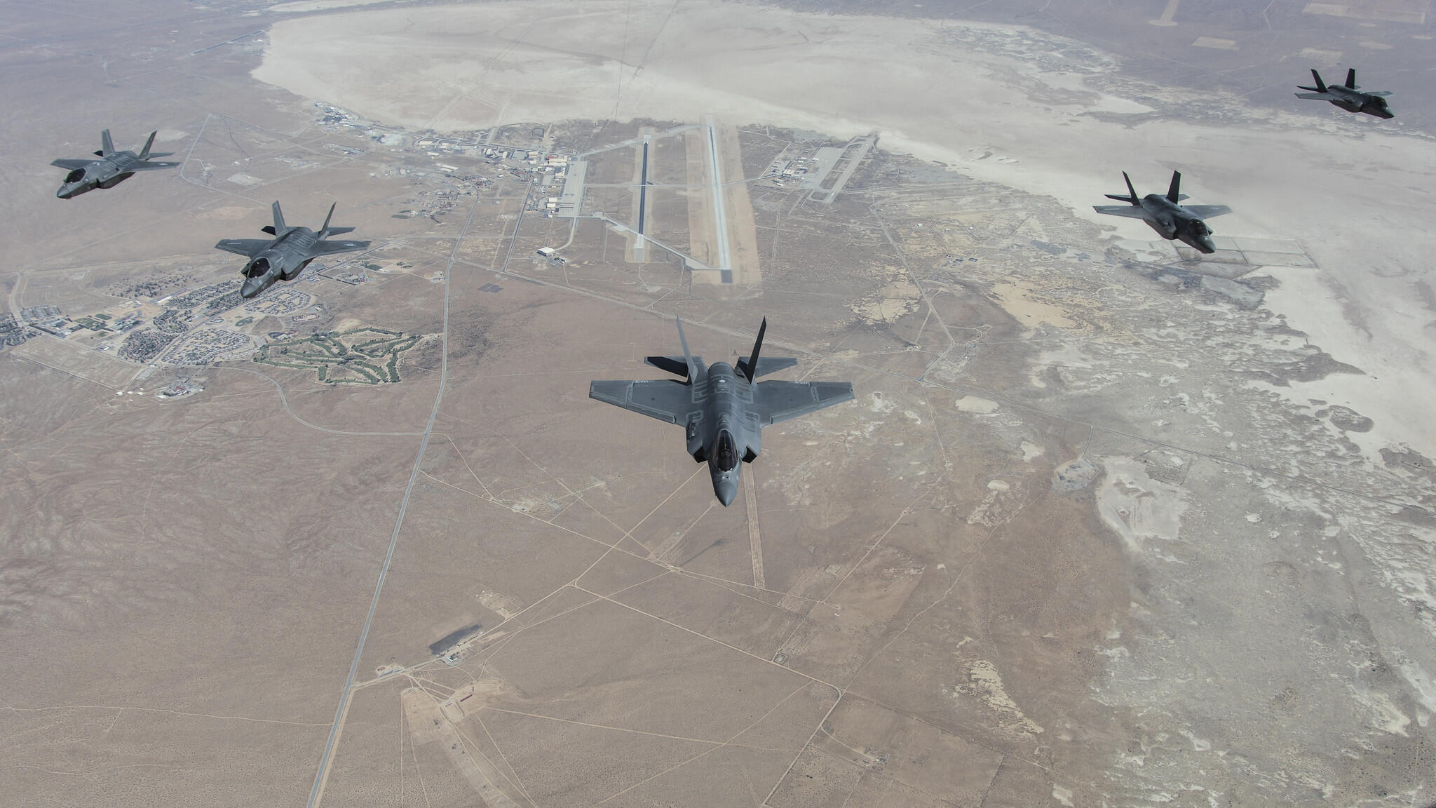 A formation flight of Lockheed Martin F-35 "Lightning II" "Joint Strike Fighter's" over Edwards Air Force Base, California.