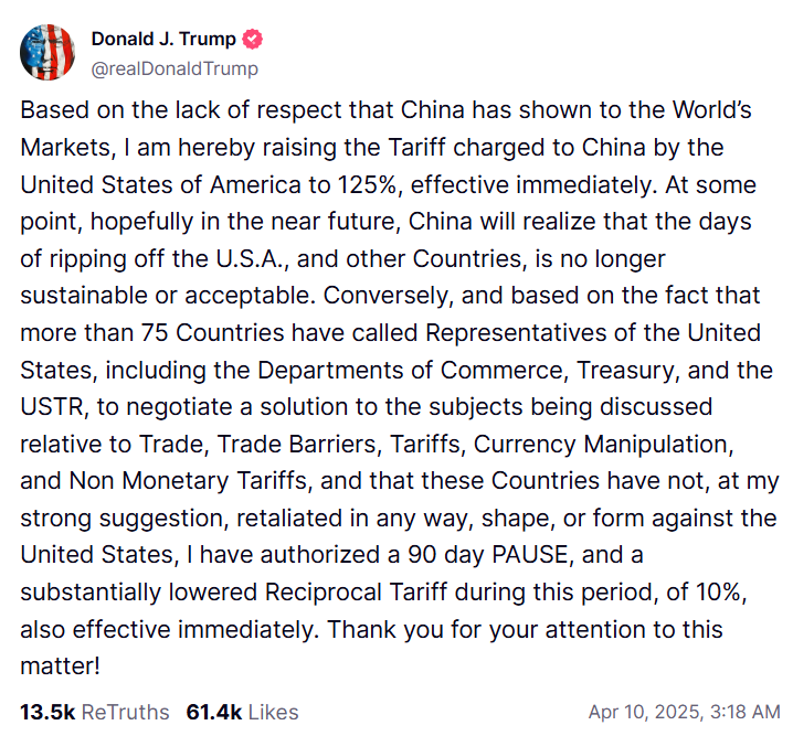 Trump's tariff post on Truth Social