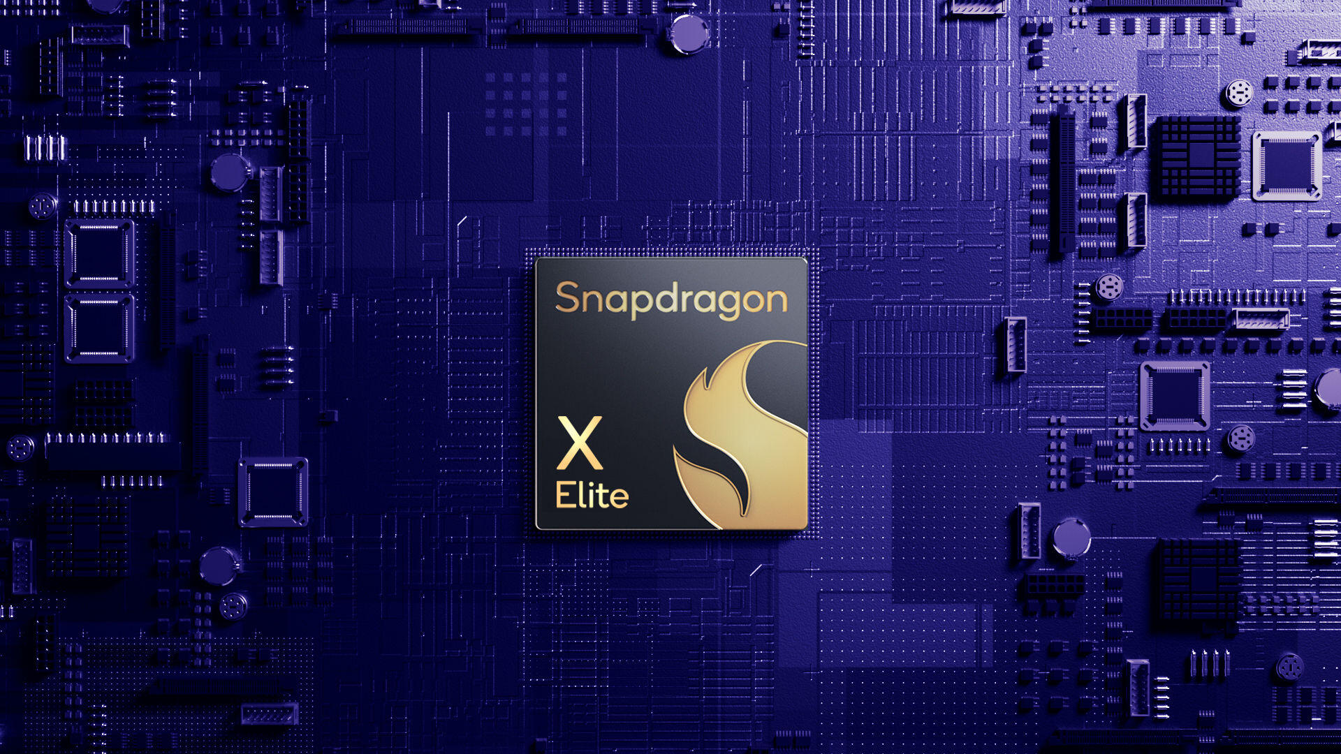 A black square chip reading "Snapdragon X Elite" with a flame design, on a blue motherboard