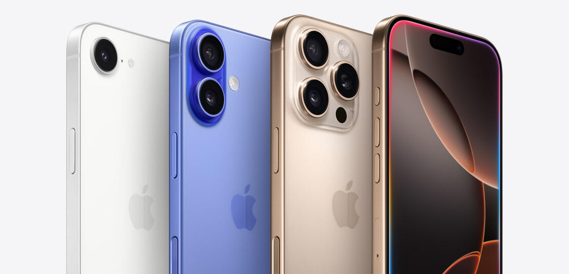 The backs of three iPhones in white, blue, and gold with one, two, and three consecutive rear cameras, and the front of a fourth iPhone