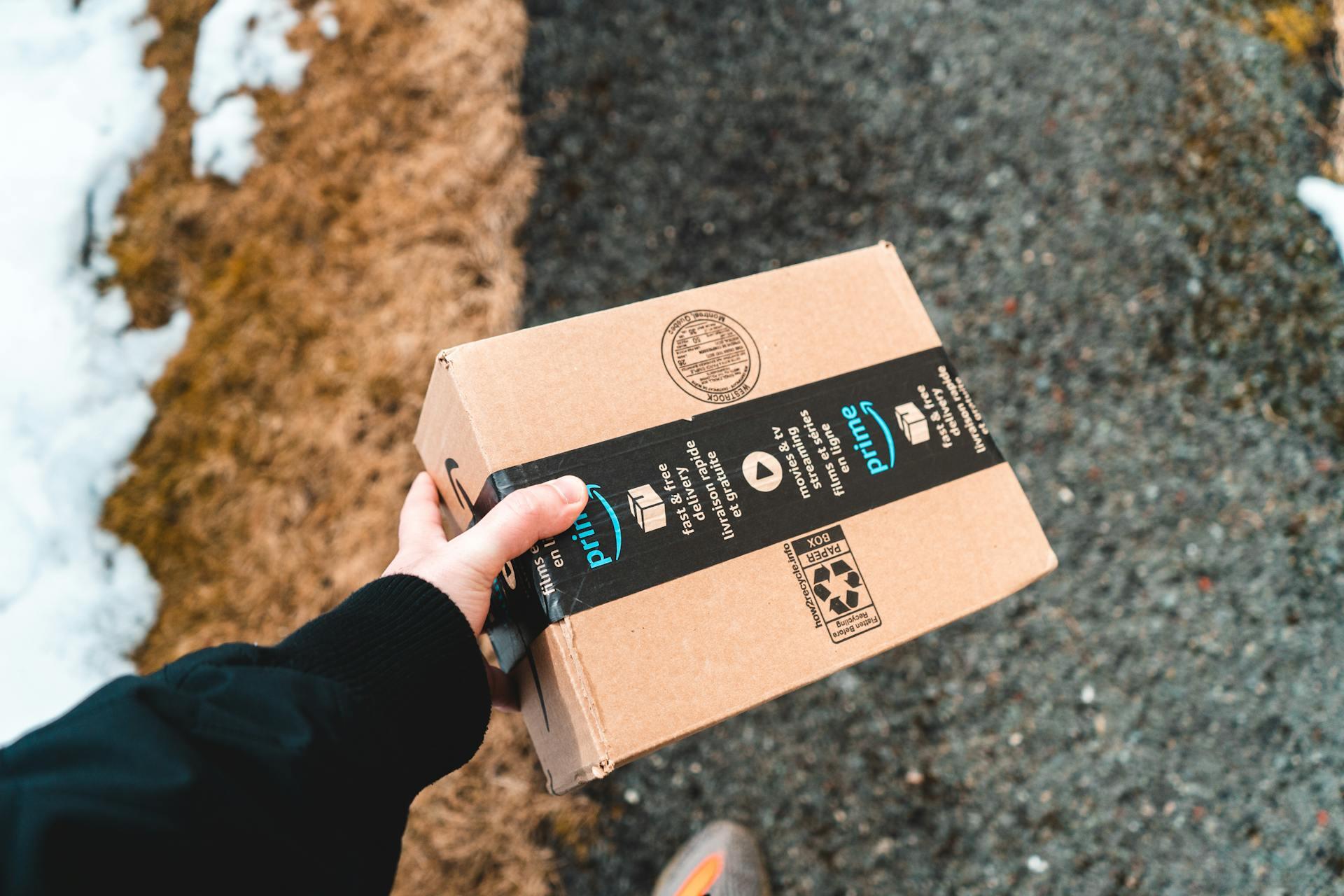 A hand holding an Amazon Prime-labeled cardboard box above a snowy pathway