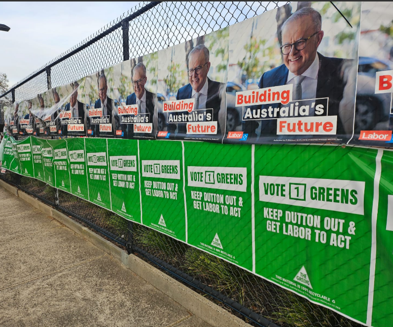 Labor and Greens posters outside a polling location in Wills