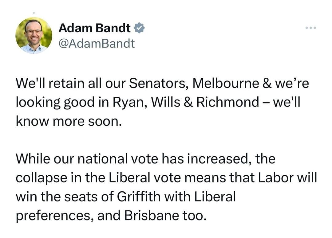 Bandt remaining positive in a social media post from election night