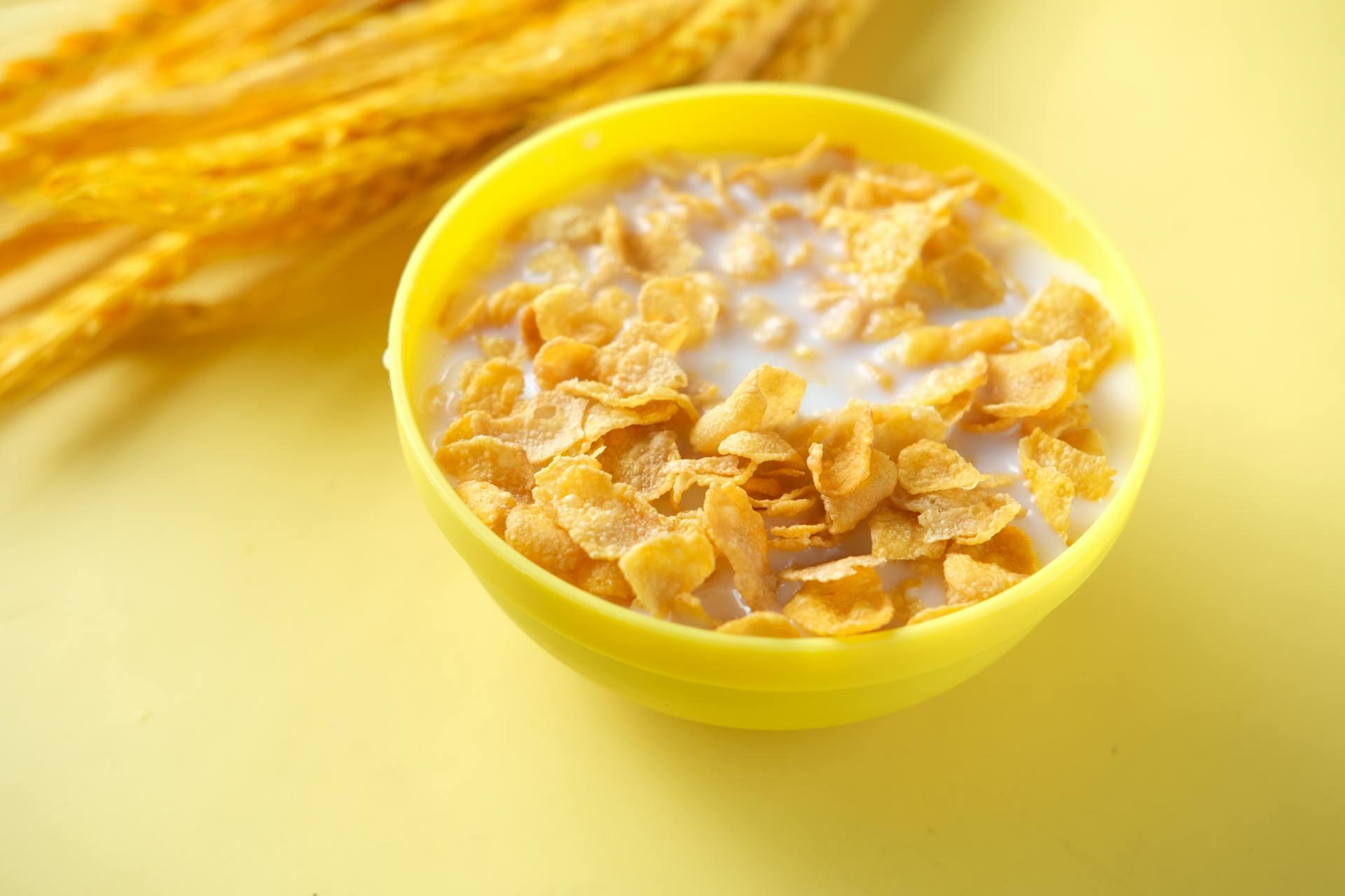 Cornflakes and milk in a yellow bowl on a yellow background, with cornstalks in the top left corner