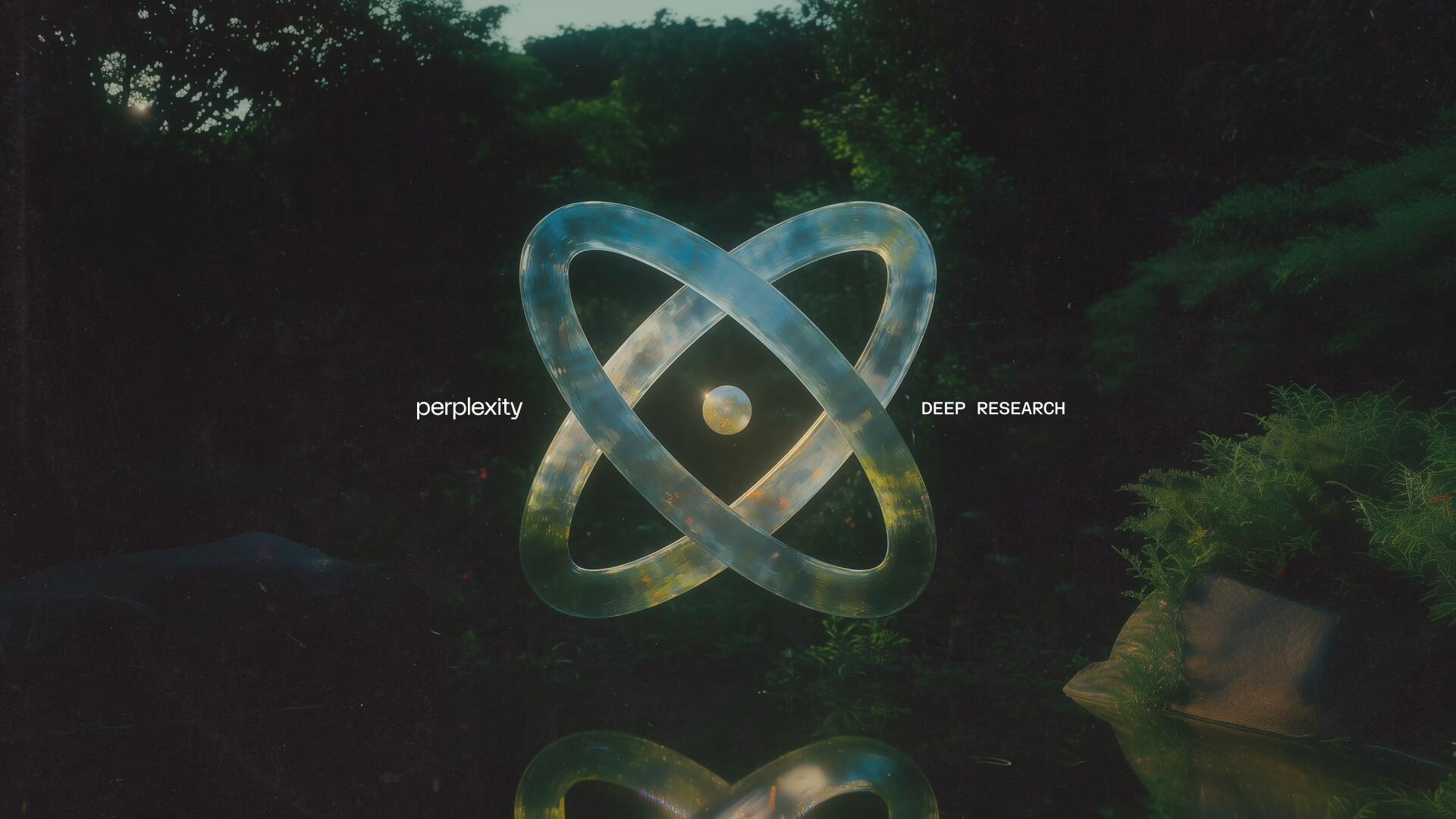 A stylised atom in front of a forest, with white text reading "perplexity DEEP RESEARCH"