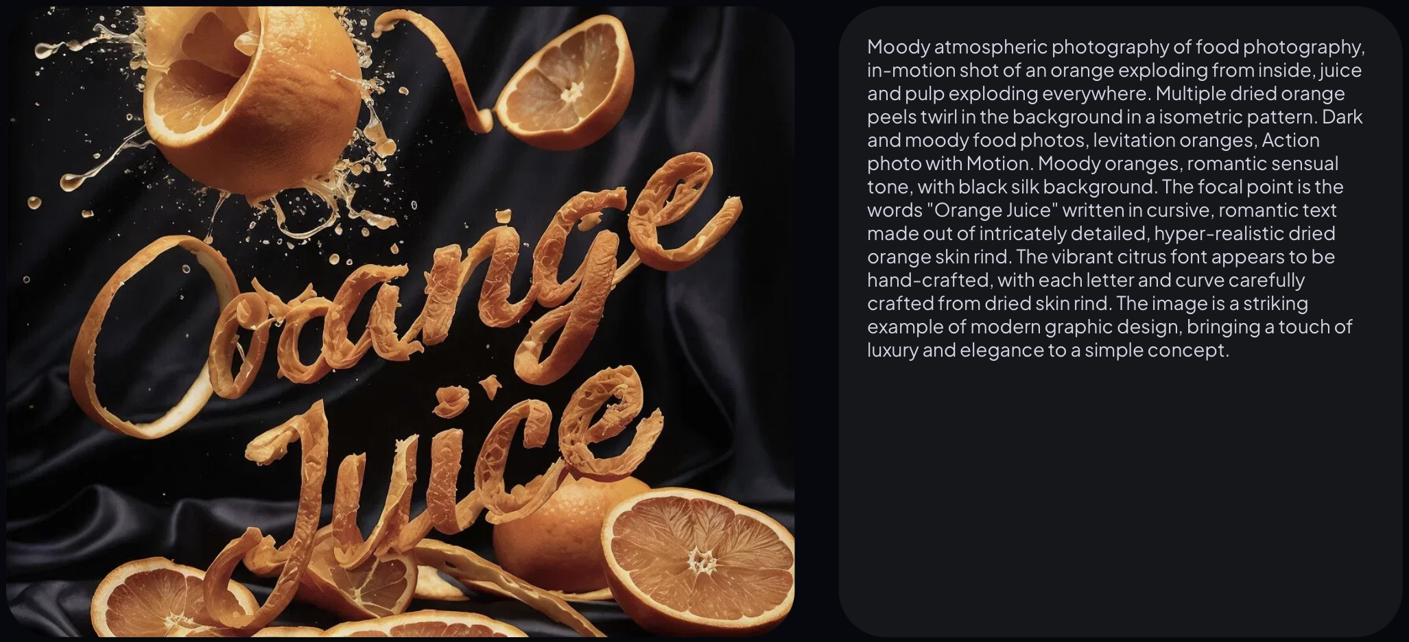 "Orange juice" written in orange peels as oranges explode over a black silk background. Next to it, a detailed prompt: "Moody atmospheric photography of food photography, in-motion shot of an orange exploding from inside..."