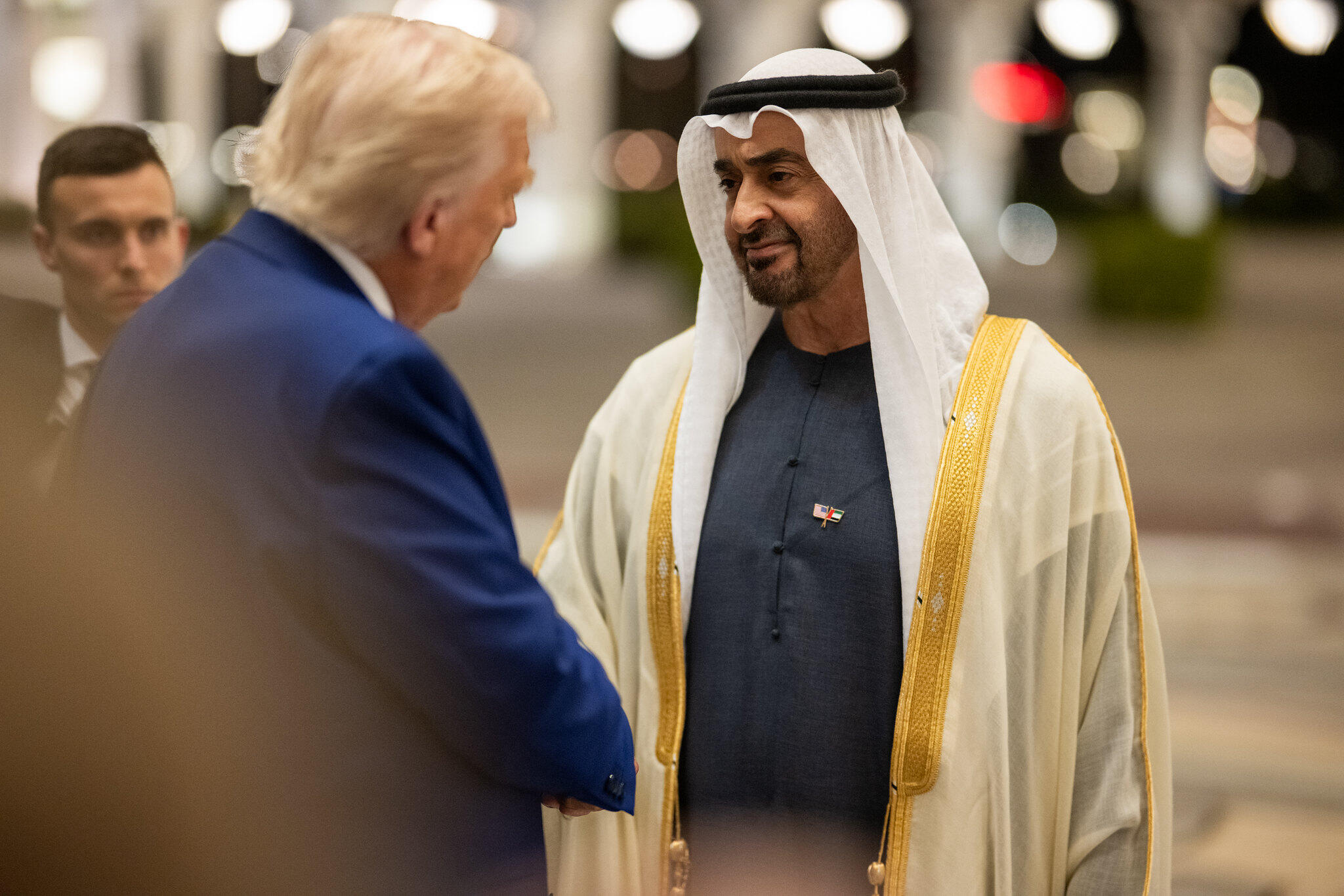 President Donald Trump is greeted by UAE President Sheikh Mohamed bin Zayed Al Nahyan at Qasr Al Watan in Abu Dhabi, United Arab Emirates, Thursday, May 15, 2025