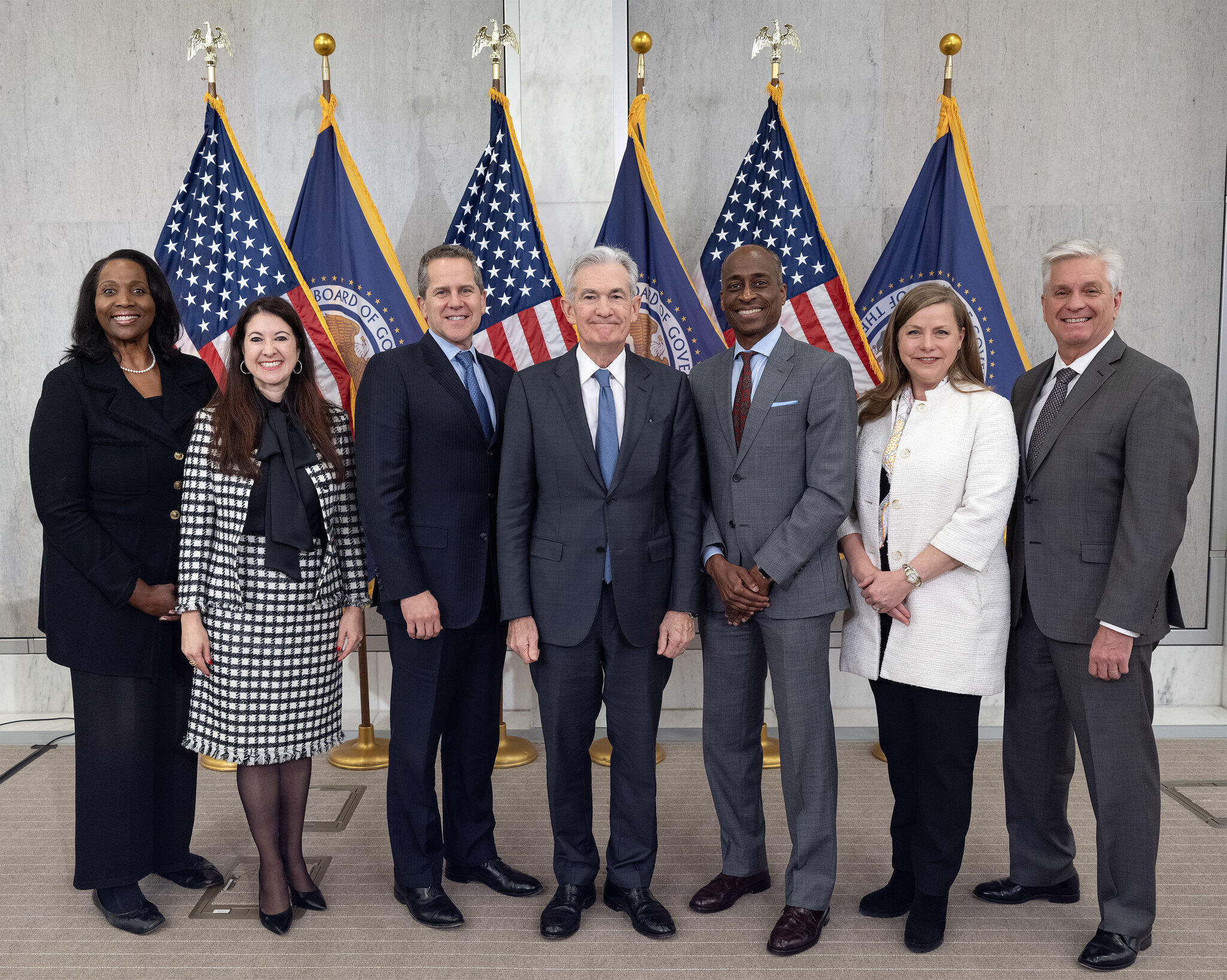 Governor Lisa D. Cook, Governor Adriana D. Kugler, Vice Chair for Supervision Michael S. Barr, Chair Jerome H. Powell, Vice Chair Philip N. Jefferson, Governor Michelle W. Bowman, and Governor Christopher J. Waller of the Board of Governors of the Federal Reserve System