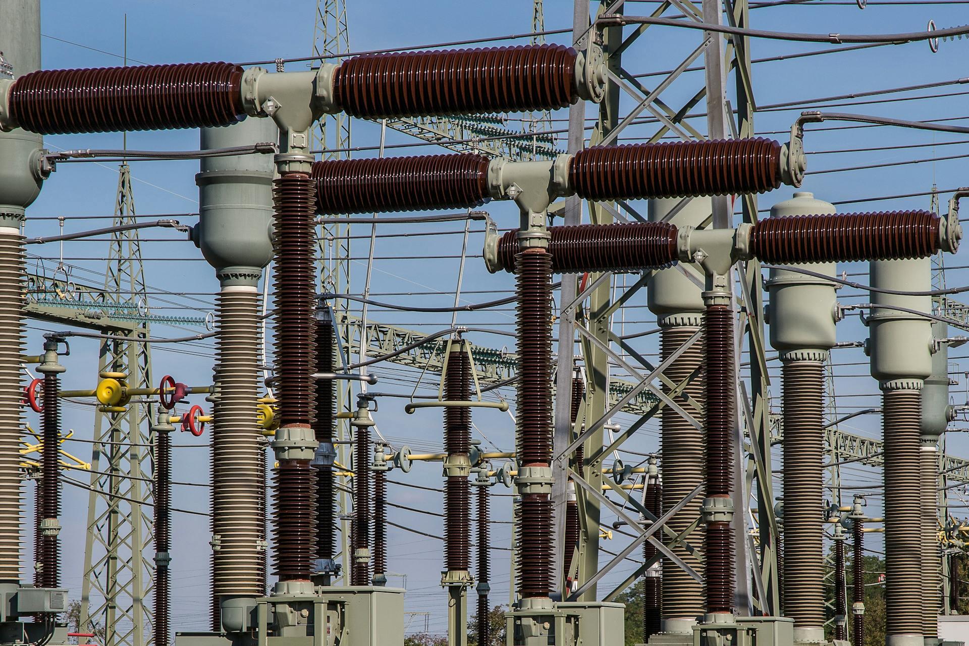 Close-up on electric transmission towers