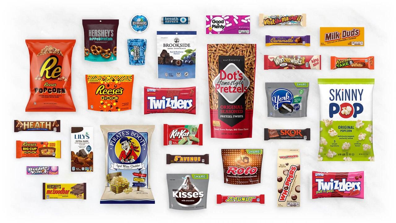 Hershey products including Reese's Pieces, Kisses, Twizzlers, Milk Duds