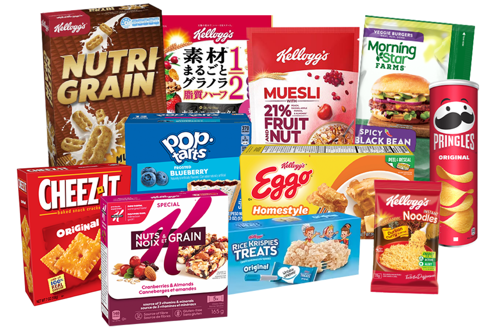 Kellanova products on a blank background, including Nutrigrain, Pringles, Muesli, Eggo, Cheez-It, Rice Krispies Treats, and Pop-Tarts
