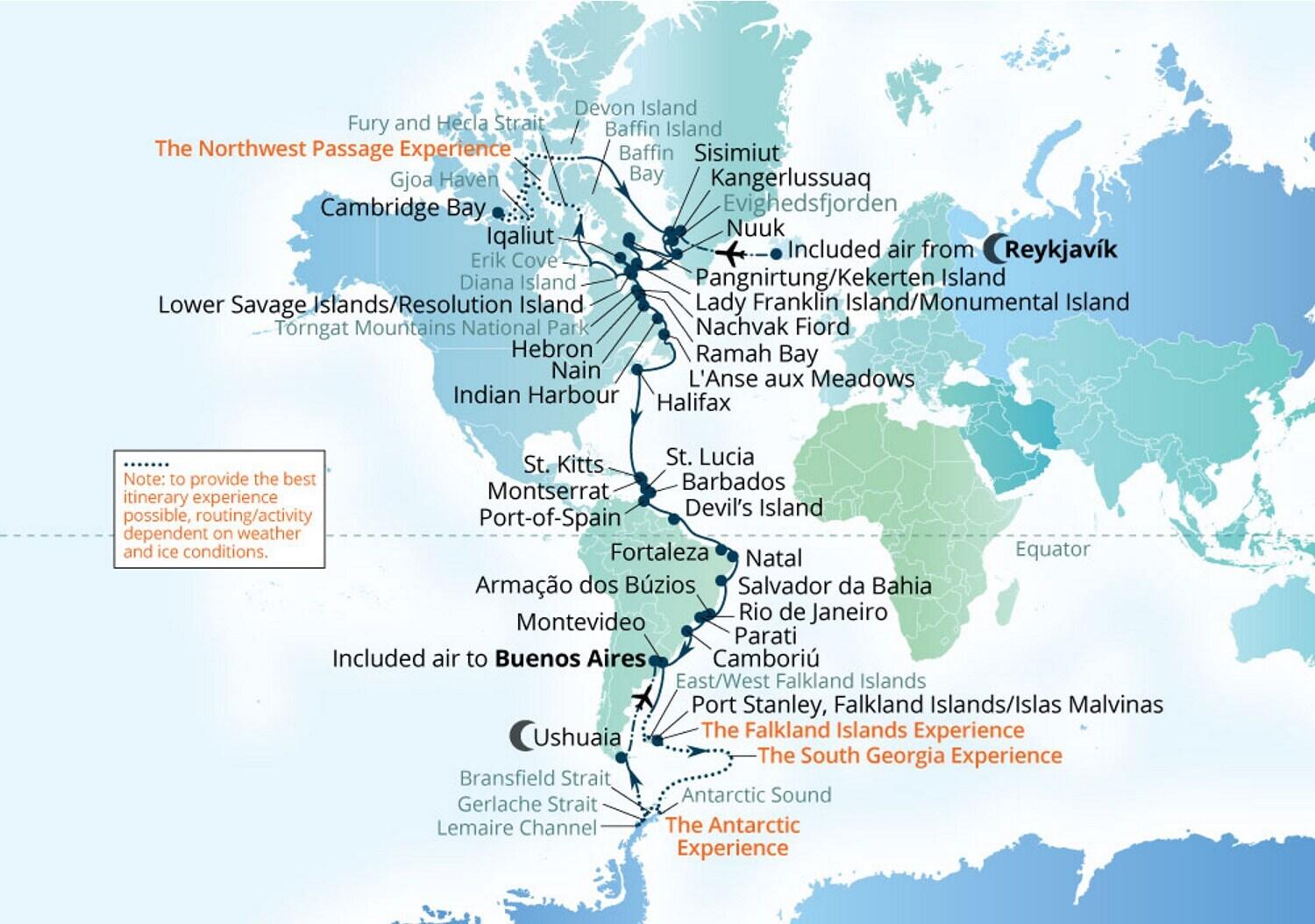 A map showing a cruise that begins on Greenland's western coast, travels through the Northwest Passage, south from Canada to the Caribbean and eastern South America, and reaches Antarctica's Trinity Peninsula before ending in Argentina