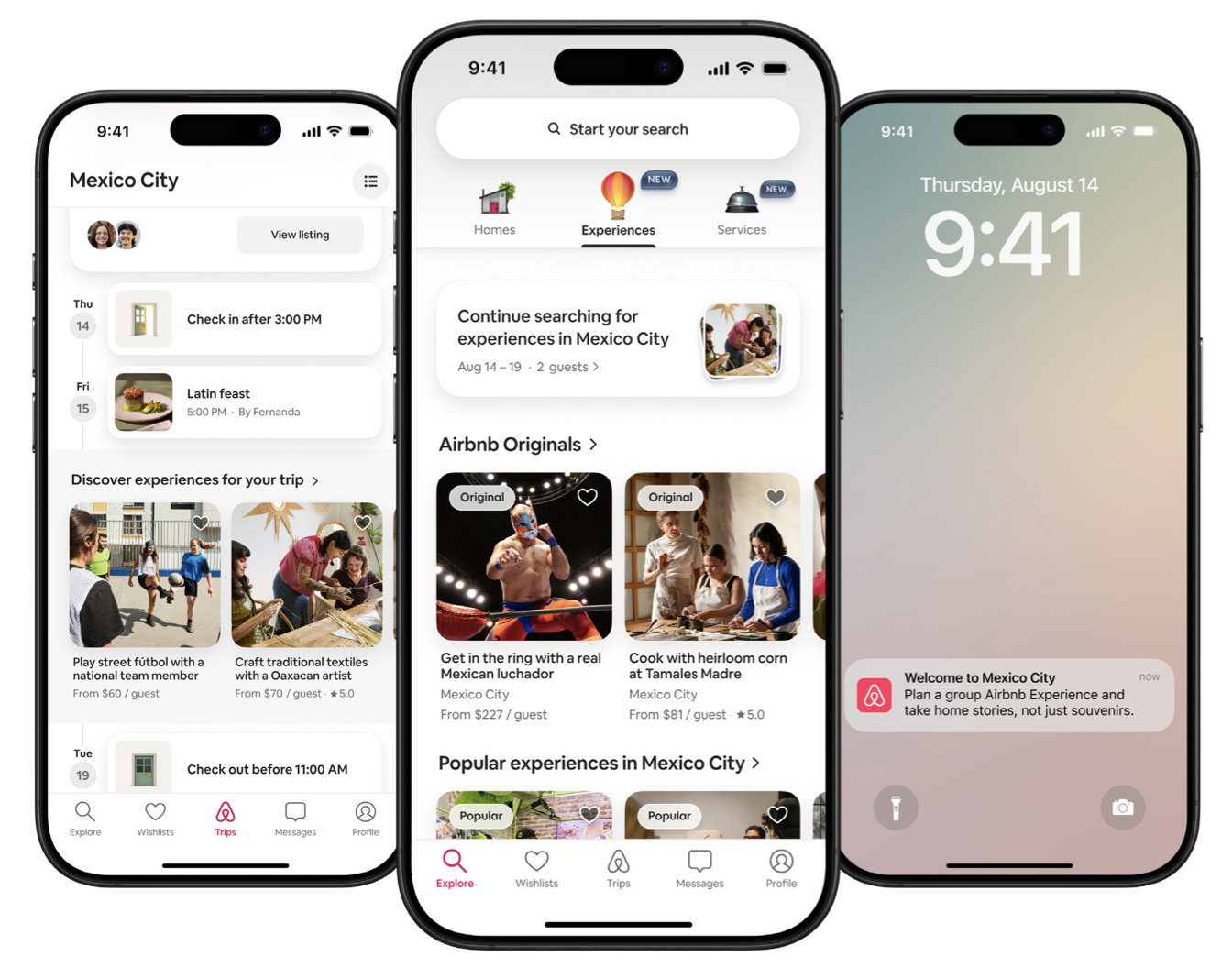 Three phones, two showing the Airbnb app and one showing a notification from Airbnb on the lock screen