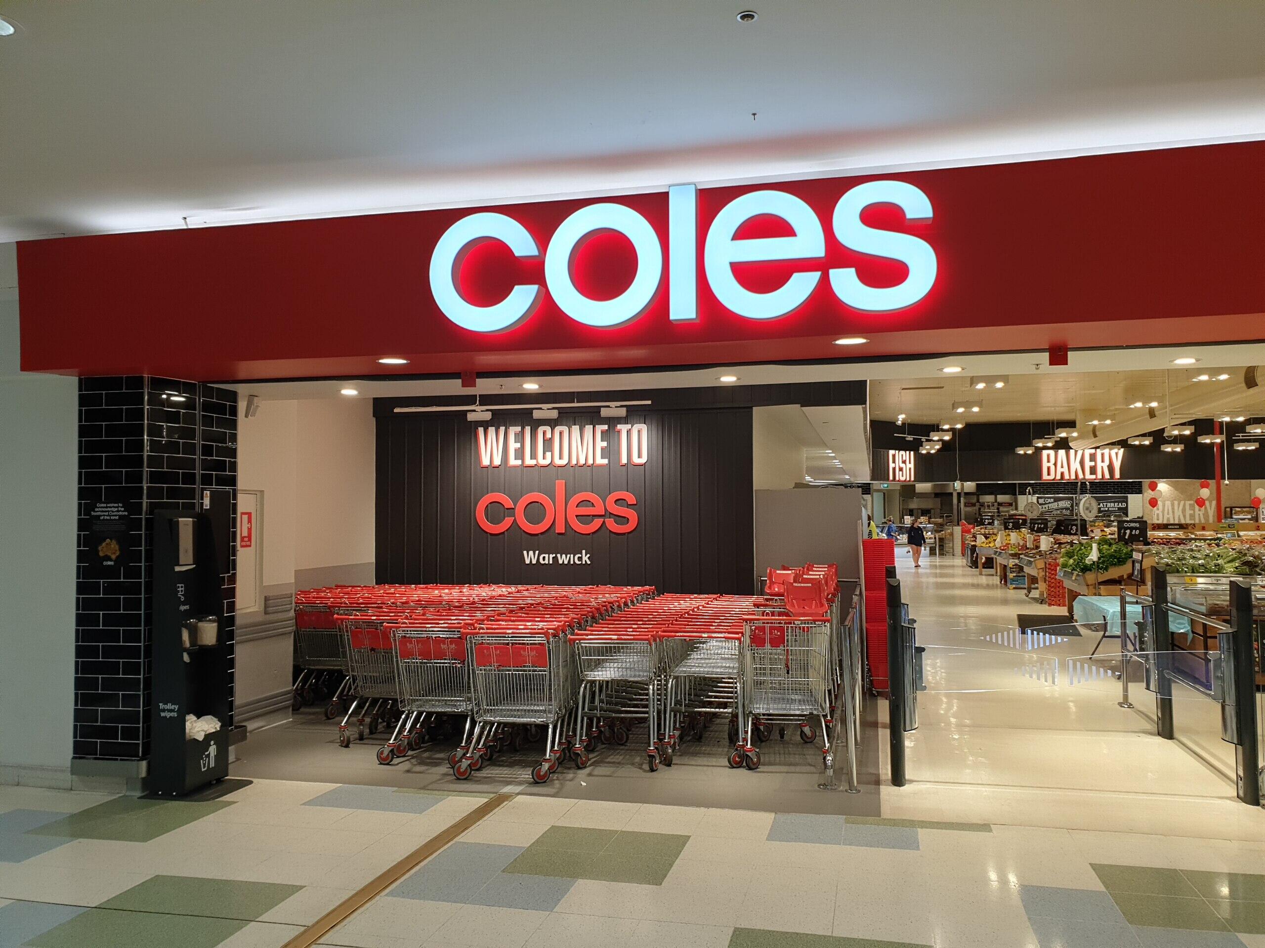 Coles supermarket entrance in Warwick, Western Australia.