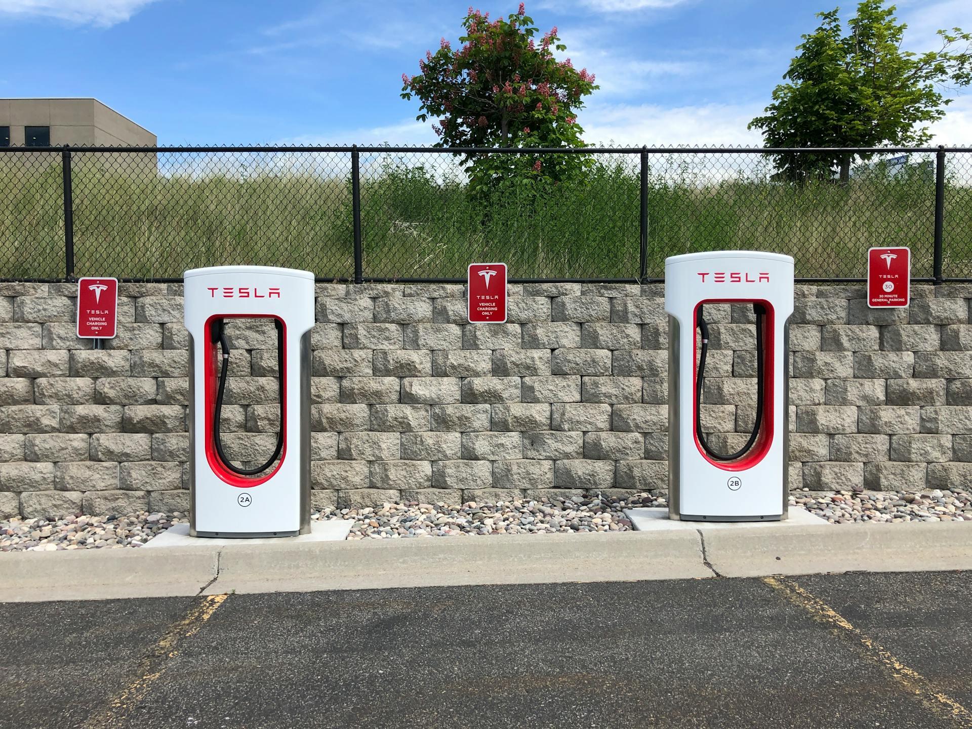 Two unattended white and red Tesla chargers in a parking area in front of a low stone wall topped with a fence