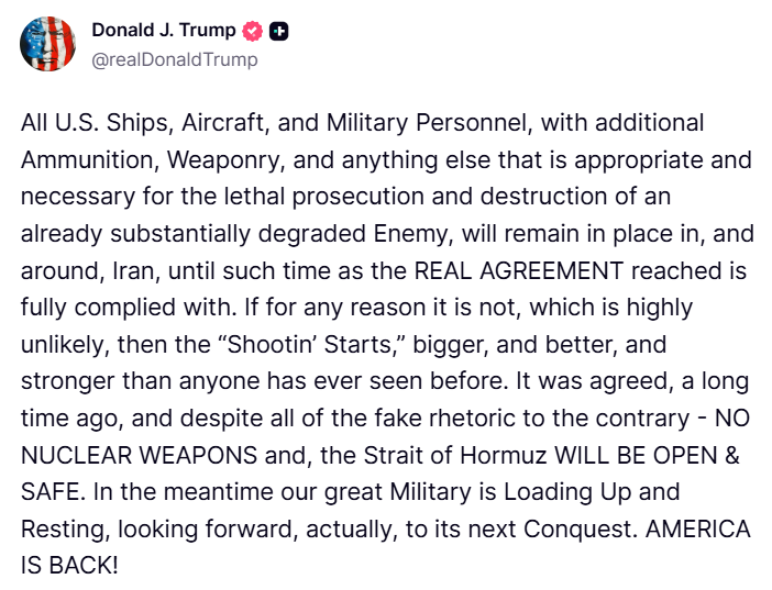 Trump's post outlining the military position on Iran
