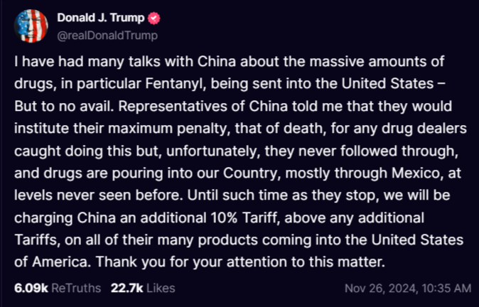 Trump's post on China. Credit: Truth Social