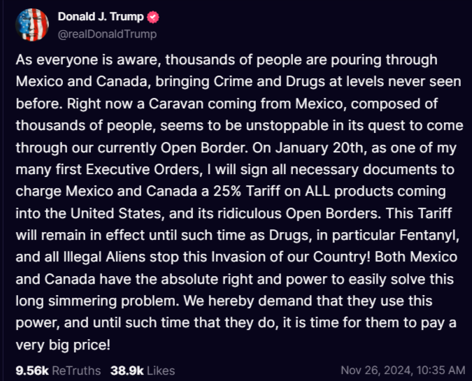 Trump's post on Canada, Mexico. Credit: Truth Social