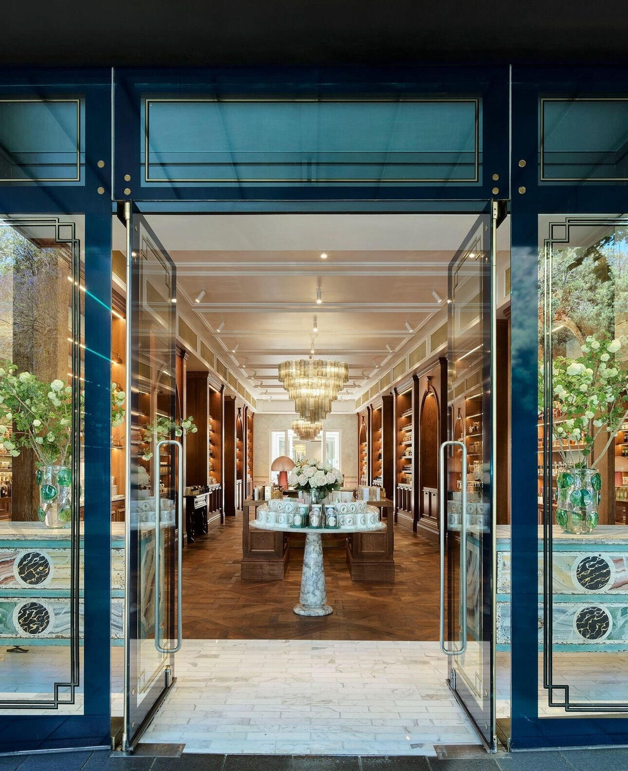 A blue marble-patterned jewellery showroom.