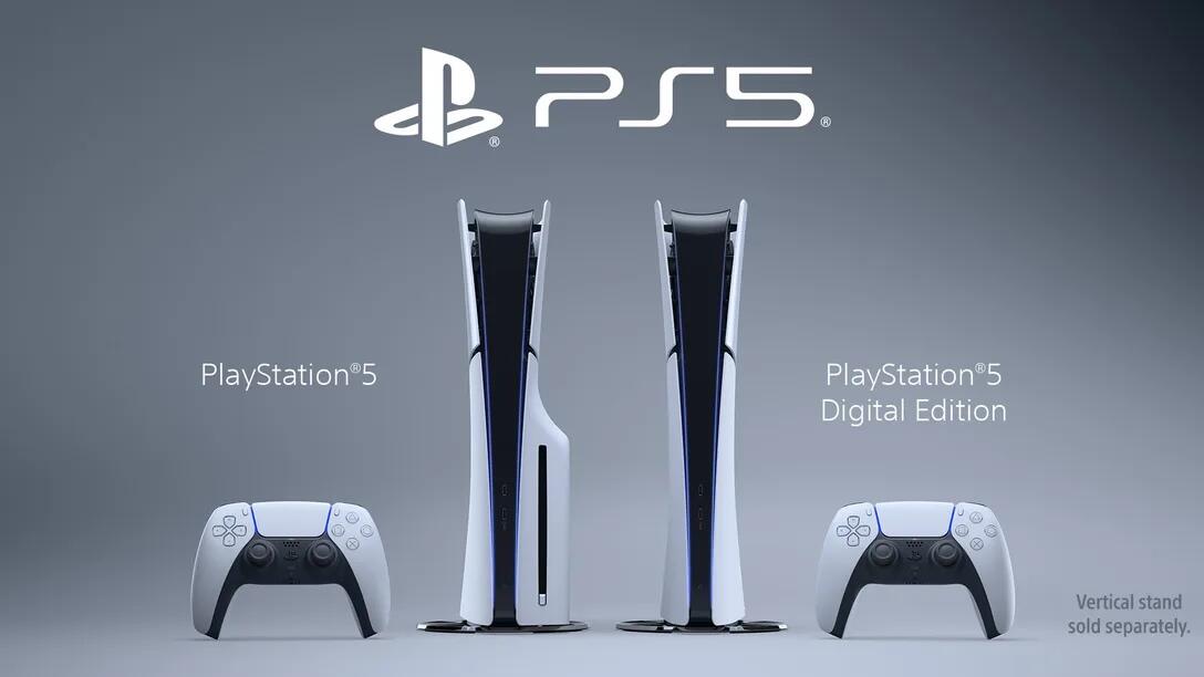 The Playstation 5 and Playstation 5 Digital Edition, with controllers