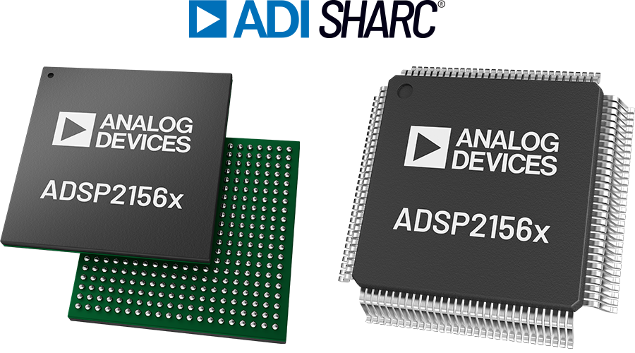 Two chips with "Analog Devices, ADHSP2156x" printed, the left chip is half-open